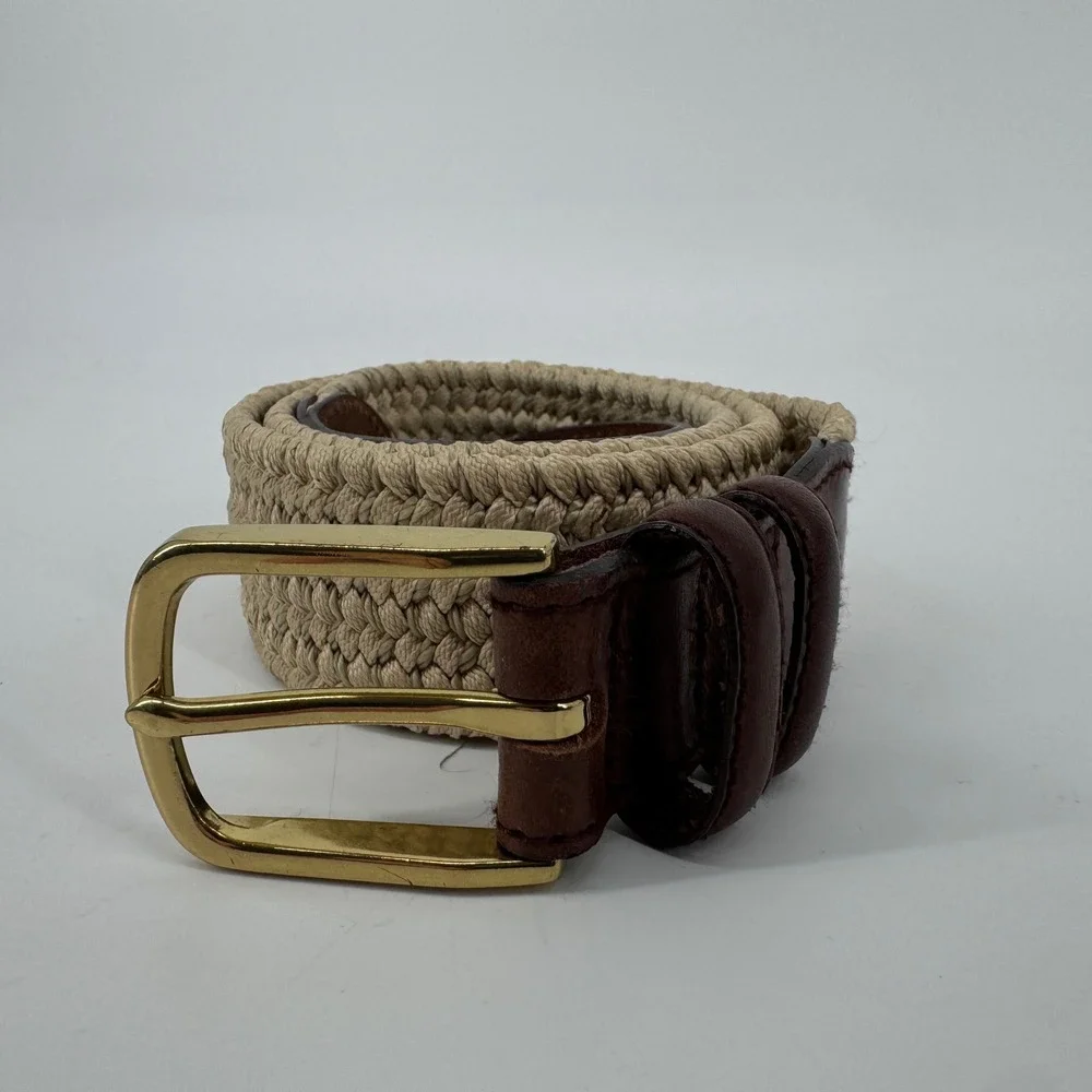 Brooks Brothers Braided Woven Belt Mens 36 Beige Tan Brown Leather Buckle
